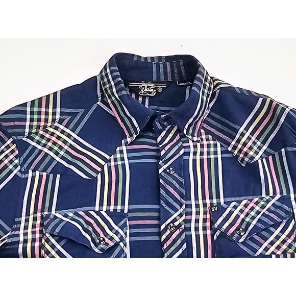 Salt Valley Sz Small Mens Navy Stripe Check Light Flannel Snap Cotton Logo Shirt - Picture 11 of 11